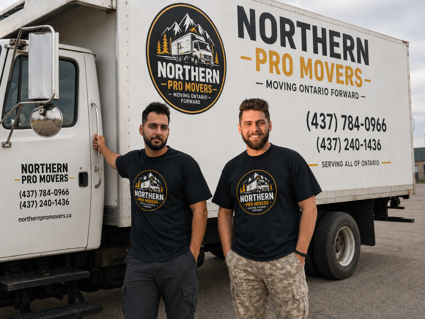 Northern Pro Movers loading a truck at dusk